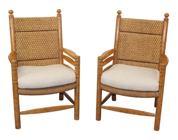 Pair of log cabin style armchairs with woven back and upholstered seats with rope edge