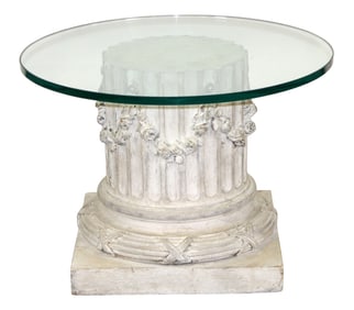 Italian carved wood fluted column base table with glass top