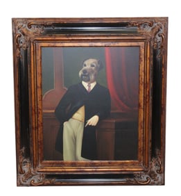 Whimsical oil on canvas depicting a portrait of dog