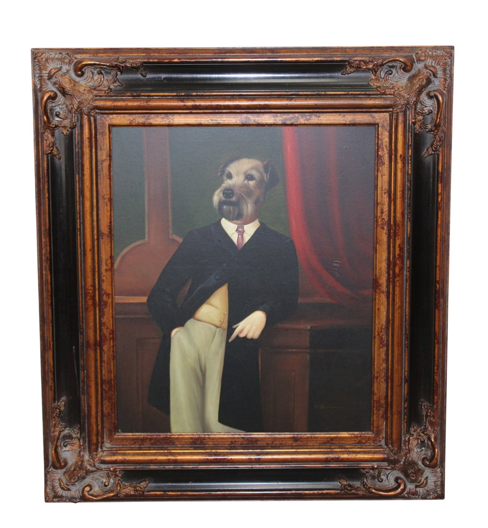 Whimsical oil on canvas depicting a portrait of dog: Whimsical oil on canvas depicting a portrait of dog in a suit. Signed lower right B. Vouman. Overall framed size 34 5/8"h x 31 1/2"w sight size 23 1/8"h x 19"w. Weight: 14lbs