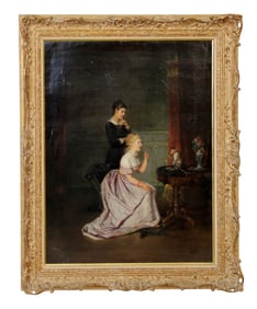 European oil on canvas painting interior scene 2 women with a monkey