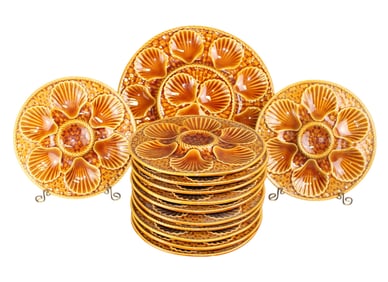 Lot of 12 Longchamp majolica oyster plates with platter