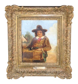 Dutch oil on canvas of boy with guinea pig