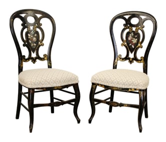 Pair of French Napoleon III ebonized childs chairs with mother of pearl inlay