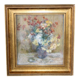 French pastel on paper painting still life with flowers in vase