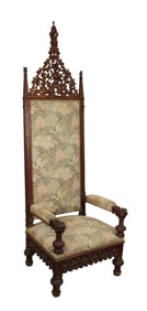 French Gothic Revival throne chair with knight's helmut and salamander crest