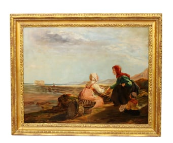 Oil on canvas painting depicting woman on beach