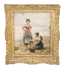 Eugene de Blaas Oil painting on copper depicting women on beach
