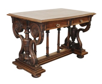 French bureau plat desk in walnut with columned base