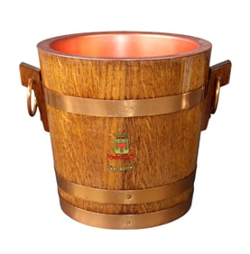 French oak wine bucket with copper liner and brass bands