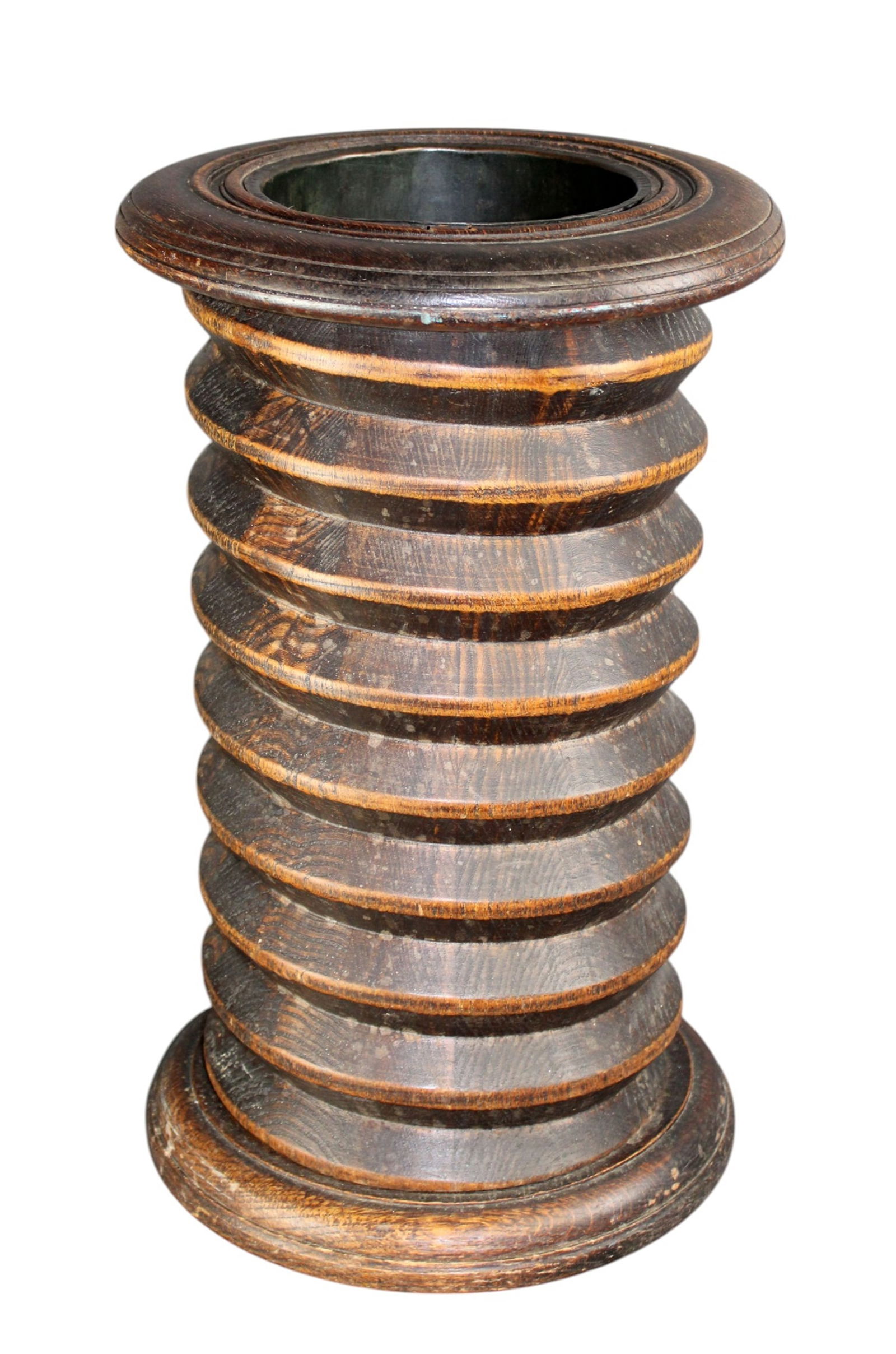 French wine screw in oak mounted as umbrella stand: French wine screw in oak mounted as umbrella stand. 19 1/2"h x 12" dia Weight: 18lbs