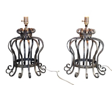 Pair scrolled iron table lamps