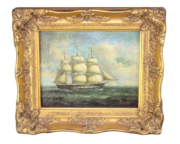 Carvers & Guilders oil on board painting depicting clipper ship