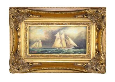 Carvers & Guilders oil on board painting depicting sailing ships