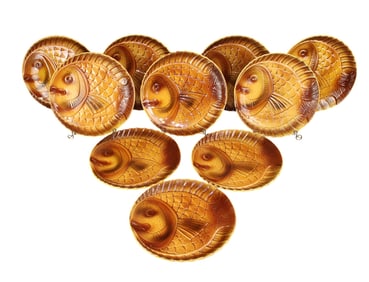 Lot of 10 French Sarreguemines Majolica fish plates