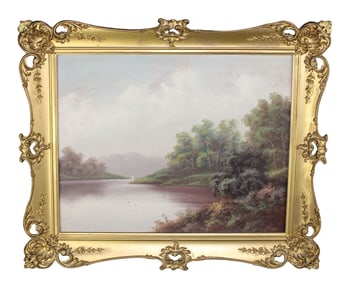 Vintage oil on canvas painting depicting river landscape