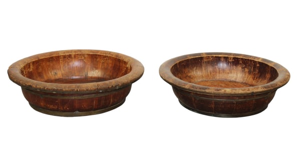 Pair of Chinese wood and brass banded grain buckets