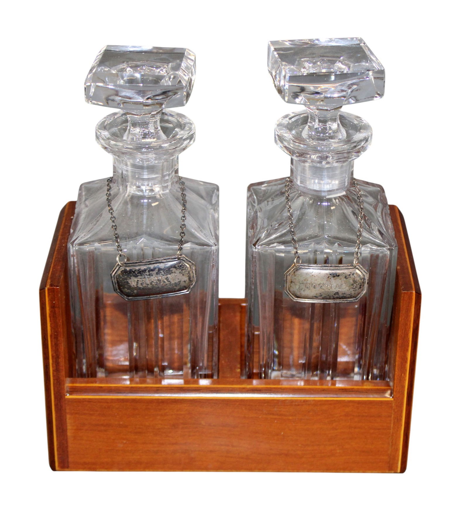French Christofle crystal tantalus set with "Whisky" and "Cognac" labels