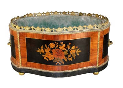 French Louis XVI style oval jardiniere with floral inlays