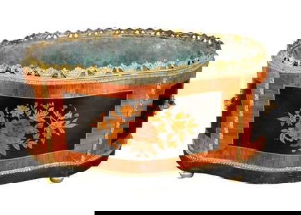 French Louis XVI style oval jardiniere with floral inlays: French Louis XVI style oval jardiniere with floral inlays. Late 19th century. 6 3/4"h x 13 1/2"w x 9 1/2"d. Weight: 4lbs