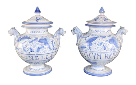 Lot of 2 Italian Majolica apothecary jars with lion heads
