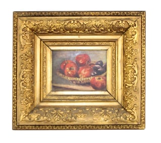 French oil on board painting still life with basket of fruit