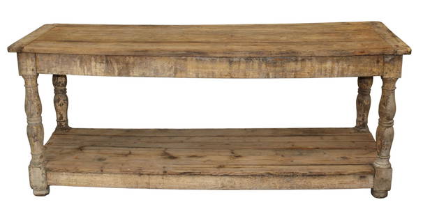 French drapers table in weathered pine: French drapers table in weathered pine. 19th century. 32 5/8"h x 78 1/4"l x 27 1/2"w