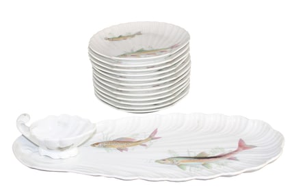 Set of 12 French porcelain fish plates with platter