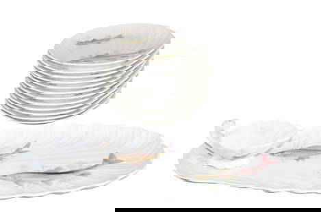 Set of 12 French porcelain fish plates with platter: Set of 12 French porcelain fish plates with platter. Marked porcelaine de sologne. Platter 12"dia, plates 9 3/4"dia. Weight: 17lbs total