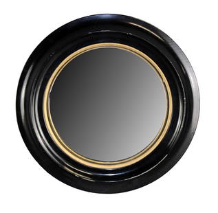 Small French ebonized wood butler's mirror with convex glass: Small French ebonized wood butler's mirror with convex glass. Modern. 10 3/8"diam. Weight: 1lb