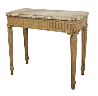 French Louis XVI bleached oak marble top console table: French Louis XVI bleached oak marble top console table. Carved reeded frieze. On fluted, tapered legs. Late 19th century. 32"h x 37"w x 17"d