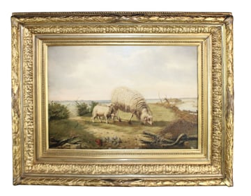Continental oil on board painting pastoral with sheep