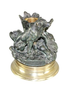 French Jules Moigniez (1835-1894) verdigris bronze matches holder with dogs