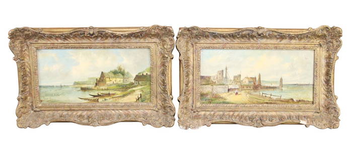 Pair of Alfred H. Vickers (British, 1834-1919) oil on canvas paintings: Pair of Alfred H. Vickers (British, 1834-1919) oil on canvas paintings of coastal village scenes, signed and dated l/l Overall 14 1/2"h x 21 1/2"w, Sight 7 1/2"h x 15 1/2"w Weight 5 lbs. EACH