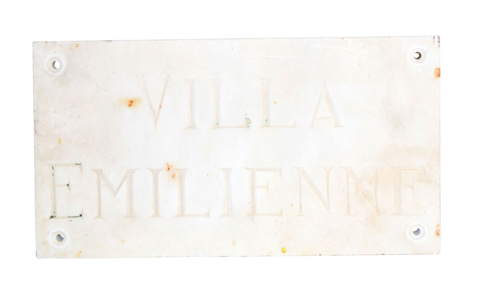 French marble plaque with chateau name: French marble chateau plaque "Villa Emilienne." Early 20th century. 7 1/2"h x 13 3/4"w x 7/8"d. Weight:8lbs