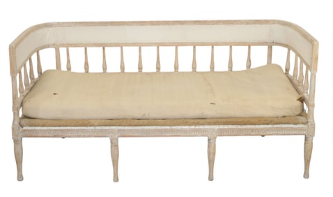 Swedish Gustavian curved side bench with spindle back