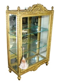 French Louis XVI style giltwood tabletop vitrine with flowering urn and cornucopia