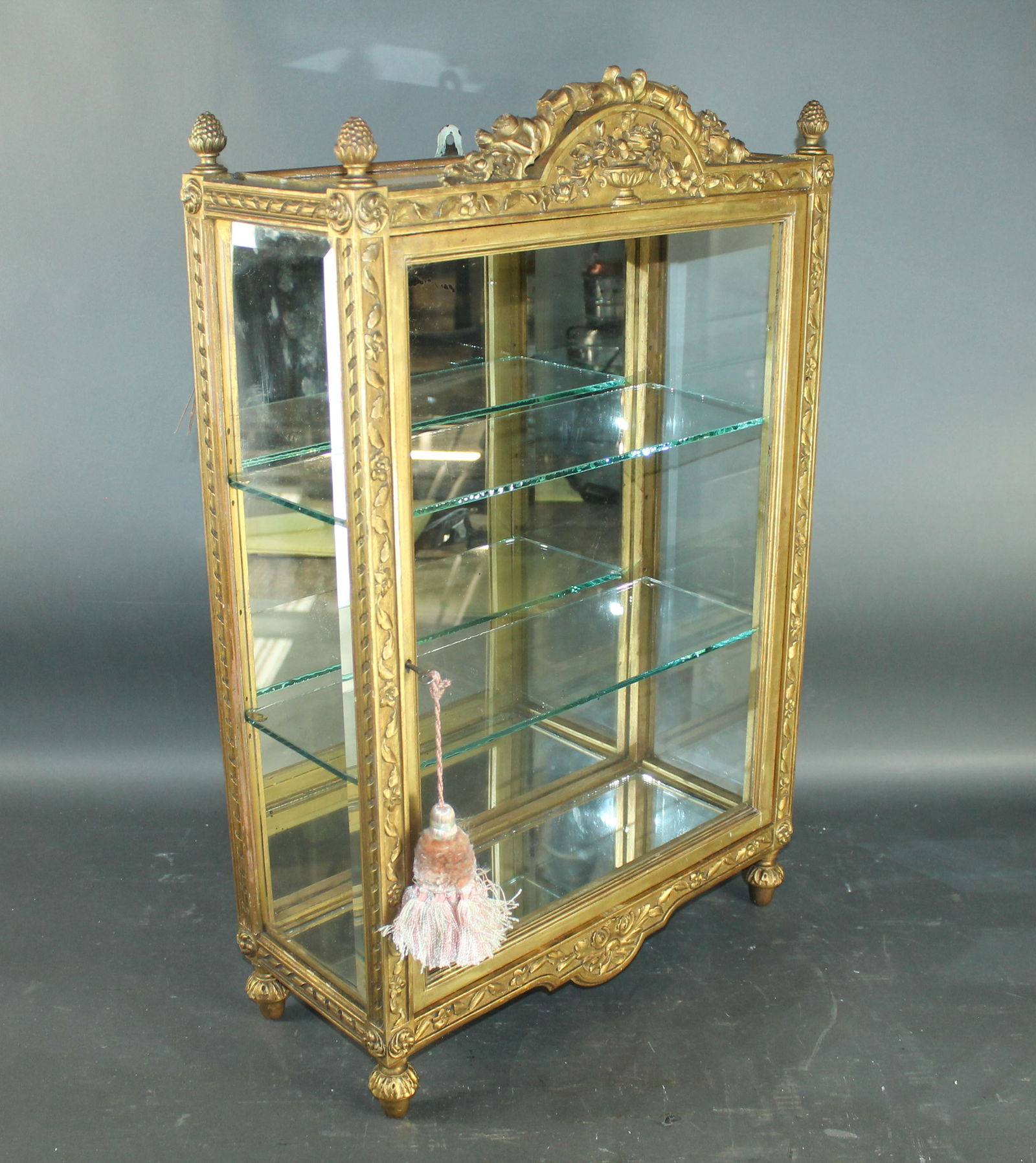 French Louis XVI style giltwood tabletop vitrine with flowering urn and cornucopia (1 of 9)