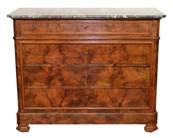French Louis Philippe 4 drawer commode in walnut with marble top