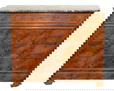 French Louis Philippe 4 drawer commode in walnut with marble top: French Louis Philippe 4 drawer commode in walnut with marble top. 19th century. 38 3/8"h x 47 1/2"w x 21 7/8"d