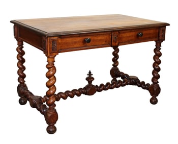 French bureau plat desk in walnut on barley twist legs with 2 drawers