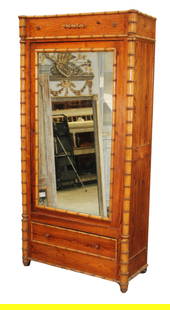 French faux bamboo armoire in pine with mirrored door: French faux bamboo armoire in pine with mirrored door. Circa 1900. 79 1/2"h x 38 1/2"w x 17 1/2"d