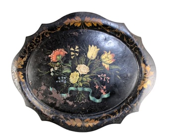 English tole scalloped edge tray with flowers