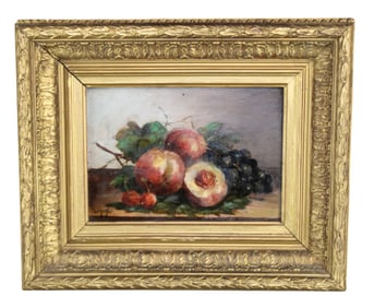 French oil on board painting still life with peaches signed l/l Bourguignon