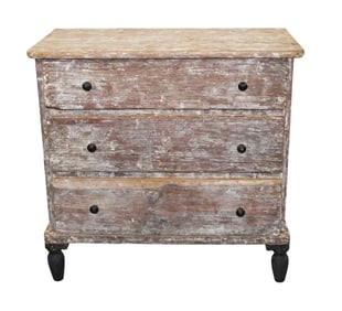 Swedish 3 drawer commode in pine with distressed painted finish
