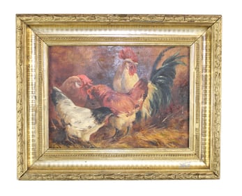 French oil on canvas painting of roosters