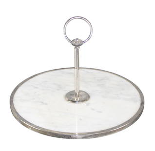 French silverplate and white marble cheese or pastry serving tray: French silverplate and white marble cheese or pastry serving tray. 10 3/4"h x 12" dia