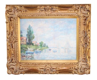 Oil on canvas painting of Impressionistic coastal scene with sailboats