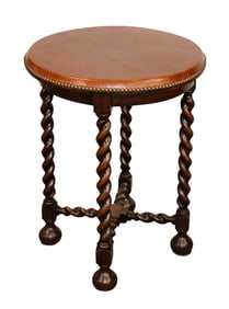 English barley twist round side table in oak with leather top