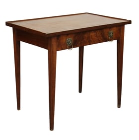 French side table desk in walnut on tapered legs with single drawer